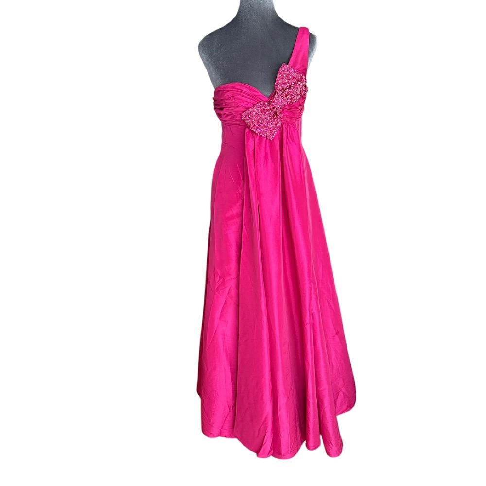 Bicici Pink Formal Gown One Shoulder Beaded Bow Prom Quincineara Dress